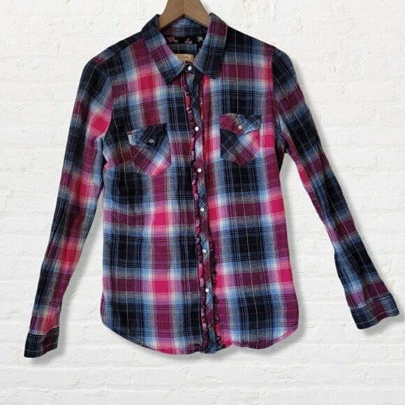 Arizona Shirt Pink and Blue Button Down with Mother of Pearl Snaps Junior Sz Lg - Picture 1 of 6